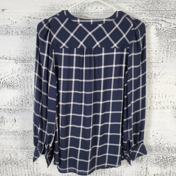 Talbots Women Plaid Pullover Blue Long Sleeves Collarless Top Small Petite - Picture 5 of 8